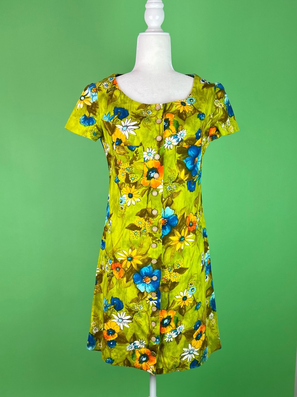 Vintage 60s Mod Green Floral Barkcloth Mini Dress Size Small